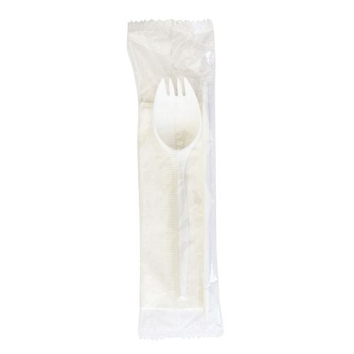 School Cutlery Kit, Mediumweight, Napkin/spork/straw, 5.31", Plastic, White, 1,000/carton