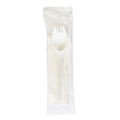 School Cutlery Kit, Mediumweight, Napkin/spork/straw, 5.31", Plastic, White, 1,000/carton