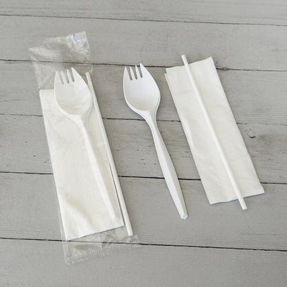 School Cutlery Kit, Mediumweight, Napkin/spork/straw, 5.31", Plastic, White, 1,000/carton