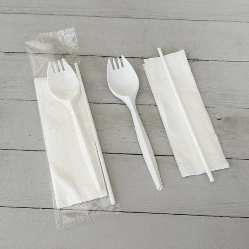 School Cutlery Kit, Mediumweight, Napkin/spork/straw, 5.31", Plastic, White, 1,000/carton