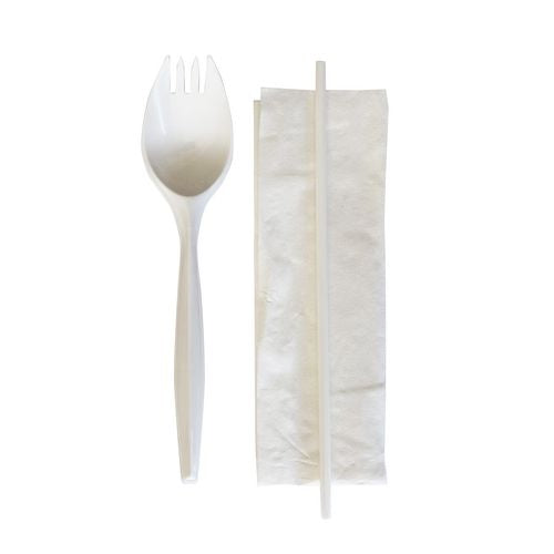 School Cutlery Kit, Mediumweight, Napkin/spork/straw, 5.31", Plastic, White, 1,000/carton