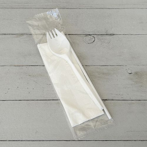 School Cutlery Kit, Mediumweight, Napkin/spork/straw, 5.31", Plastic, White, 1,000/carton