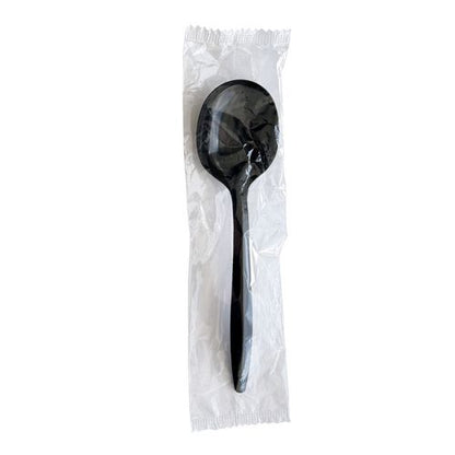 Mediumweight Wrapped Polypropylene Cutlery, Soup Spoon, Plastic, Black, 1,000/carton