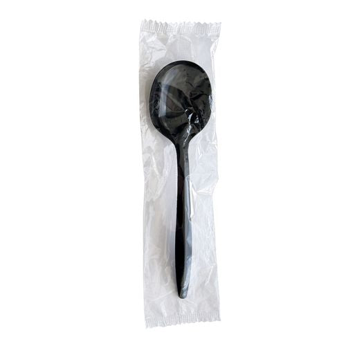Mediumweight Wrapped Polypropylene Cutlery, Soup Spoon, Plastic, Black, 1,000/carton