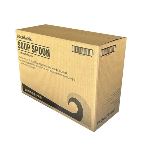 Mediumweight Wrapped Polypropylene Cutlery, Soup Spoon, Plastic, Black, 1,000/carton