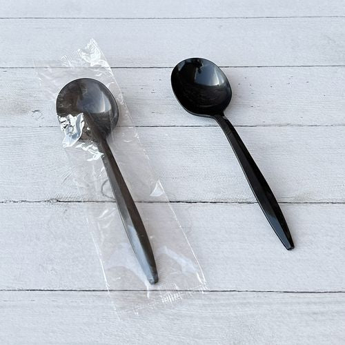 Mediumweight Wrapped Polypropylene Cutlery, Soup Spoon, Plastic, Black, 1,000/carton