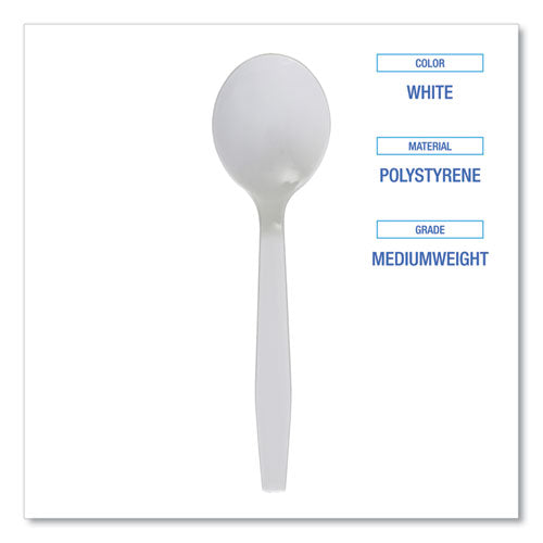 Mediumweight Polystyrene Cutlery, Soup Spoon, Plastic, White, 1,000/carton