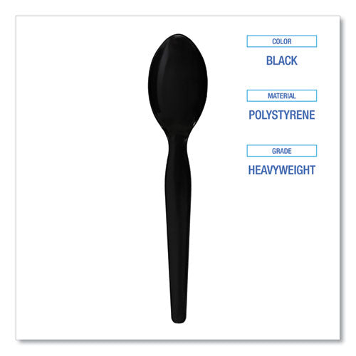 Heavyweight Polystyrene Cutlery, Spoon, Plastic, Black, 1,000/carton