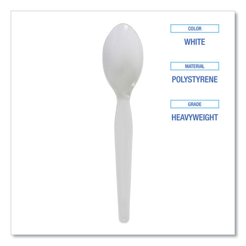 Heavyweight Polystyrene Cutlery, Spoon, Plastic, White, 1,000/carton