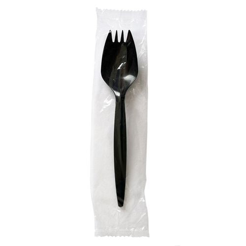 Mediumweight Wrapped Polypropylene Cutlery, Spork, Plastic, Black, 1,000/carton