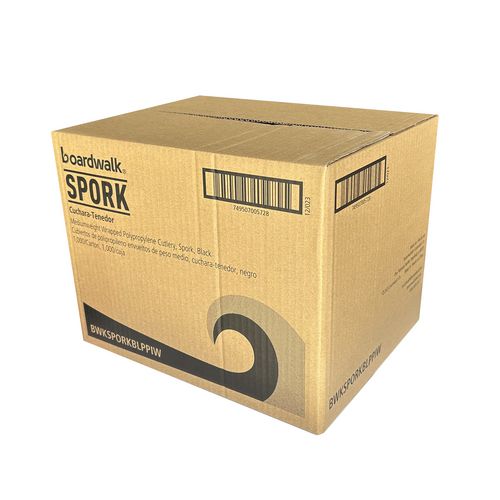 Mediumweight Wrapped Polypropylene Cutlery, Spork, Plastic, Black, 1,000/carton