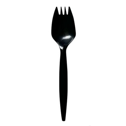 Mediumweight Wrapped Polypropylene Cutlery, Spork, Plastic, Black, 1,000/carton