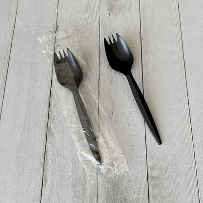 Mediumweight Wrapped Polypropylene Cutlery, Spork, Plastic, Black, 1,000/carton