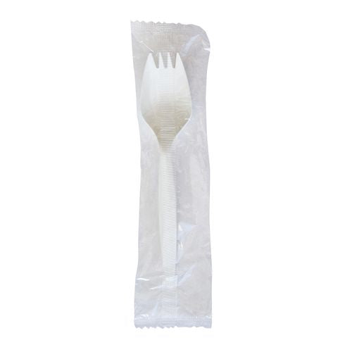 Mediumweight Wrapped Polypropylene Cutlery, Spork, Plastic, White, 1,000/carton