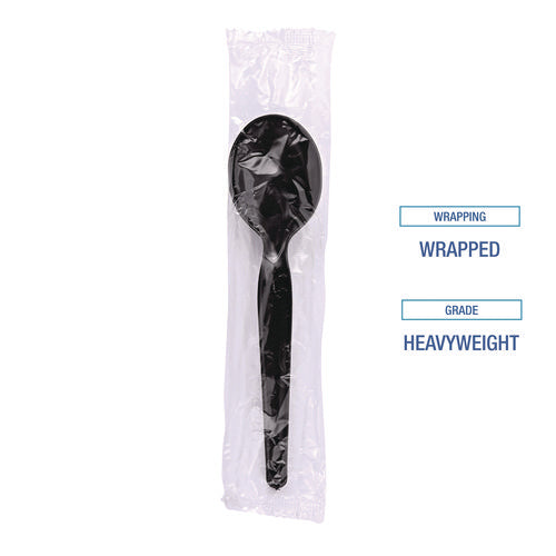 Heavyweight Wrapped Polystyrene Cutlery, Soup Spoon, Plastic, Black, 1,000/carton