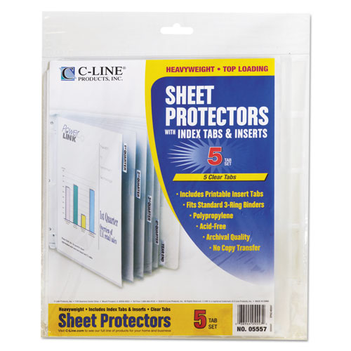 Sheet Protectors With Five Clear Index Tabs, Heavy-duty, Side: 3-hole Punched, Top Load 8.5 X 11 Insert, Clear, 5/set