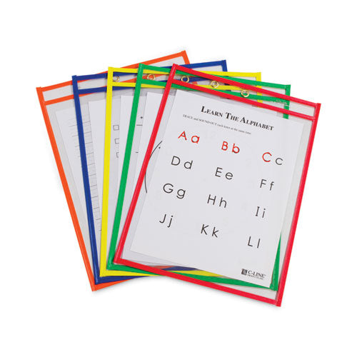 Reusable Dry Erase Pockets, Super Heavy-duty, Top Load 9 X 12 Insert, Clear Front, Assorted Border Colors, 10/pack