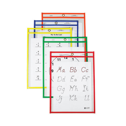 Reusable Dry Erase Pockets, Super Heavy-duty, Top Load 9 X 12 Insert, Clear Front, Assorted Border Colors, 25/box