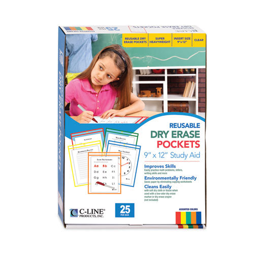 Reusable Dry Erase Pockets, Super Heavy-duty, Top Load 9 X 12 Insert, Clear Front, Assorted Border Colors, 25/box