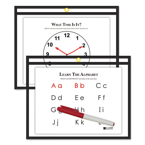 Reusable Dry Erase Pockets, Super Heavy-duty, Top Load 12 X 9 Insert, Clear Front, Black Border