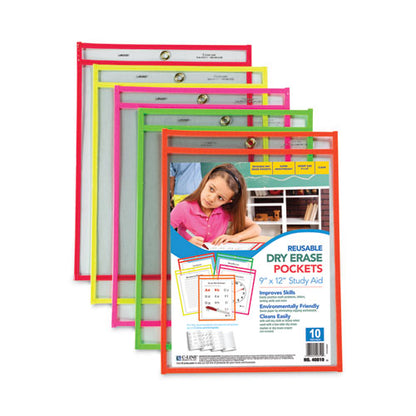 Reusable Dry Erase Pockets, Super Heavy-duty, Top Load 9 X 12 Insert, Clear Front, Assorted Neon Border, 10/pack