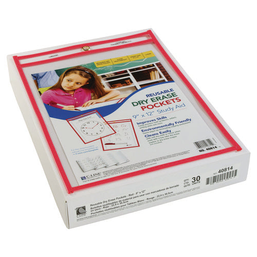 Reusable Dry Erase Pockets, Super Heavy-duty, Top Load 9 X 12 Insert, Clear Front, Neon Red Border, 30/pack