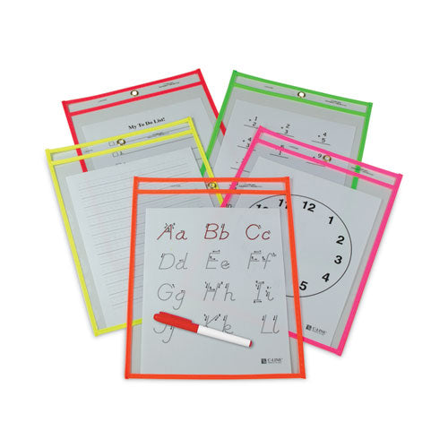 Reusable Dry Erase Pockets, Super Heavy-duty, Top Load 9 X 12 Insert, Clear Front, Assorted Neon Border, 25/box