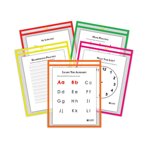 Reusable Dry Erase Pockets, Super Heavy-duty, Top Load 9 X 12 Insert, Clear Front, Assorted Neon Border, 25/box