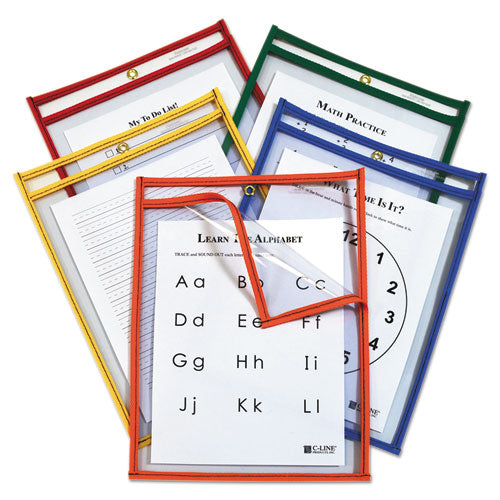Easy-load Reusable Dry Erase Pockets, Super Heavy-duty, Top Load 9 X 12 Insert, Clear Front, Assorted Border Colors, 25/box