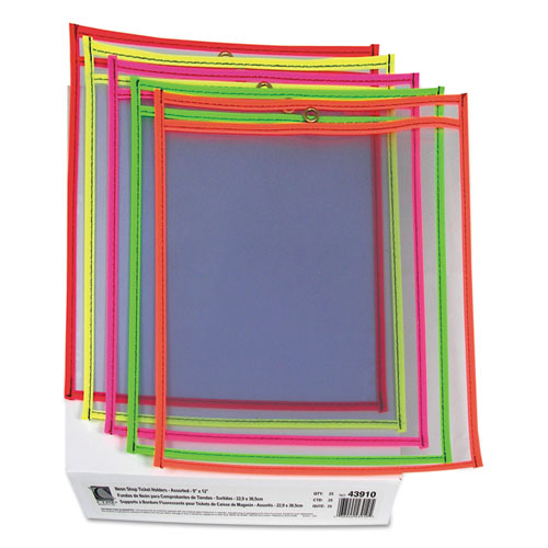Neon Stitched Shop Ticket Holders, Super Heavy-duty, Top Load 9 X 12 Insert, Clear Front, Assorted Neon Border Colors, 25/box