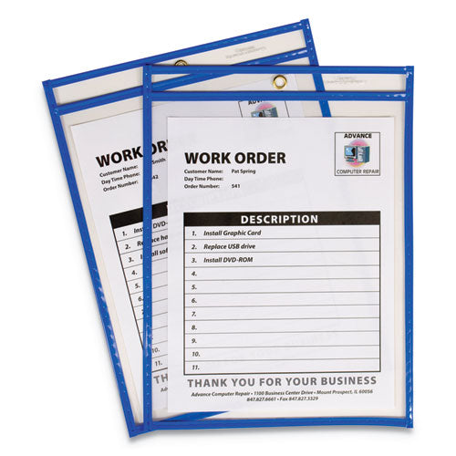 Stitched Shop Ticket Holders, Super Heavy-duty, Top Load 9 X 12 Insert, Clear Front, Blue Border, 15/box