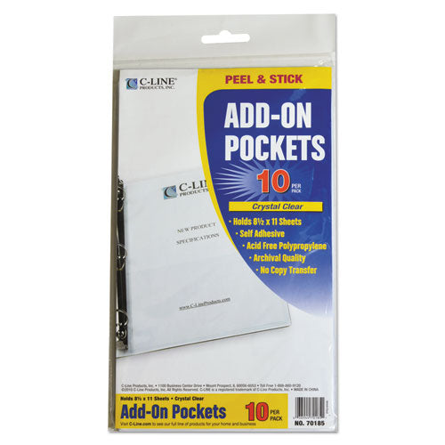 Peel And Stick Add-on Filing Pockets, 8.5 X 11, Clear, 10/pack