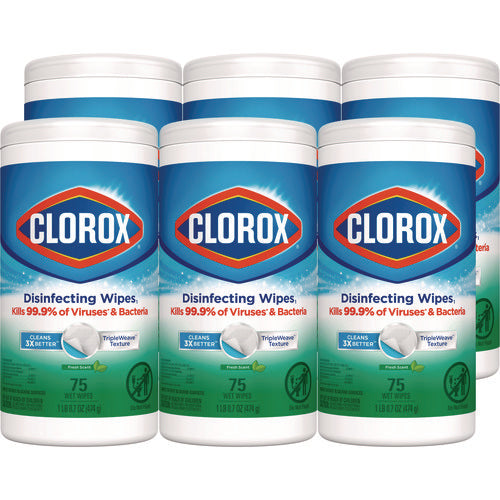 Disinfecting Wipes, Bleach Free Cleaning Wipes, 1-ply, 7 X 8, Fresh Scent, White, 75/canister, 6 Canisters/carton