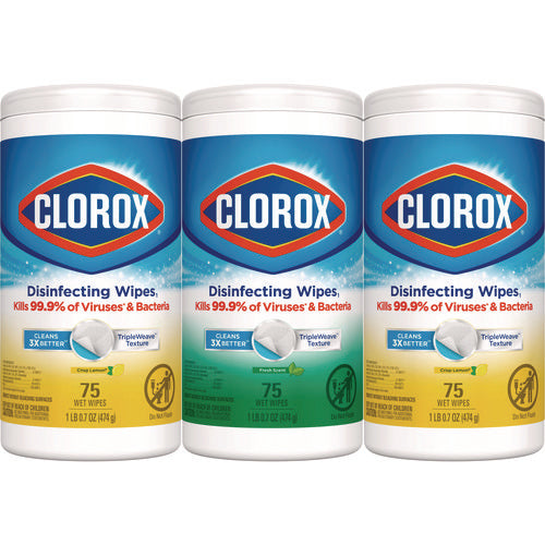 Disinfecting Wipes, Value Pack, Bleach Free Cleaning Wipes, 1-ply, 7x8, Fresh Scent/citrus Blend, White, 75/canister, 3/pack