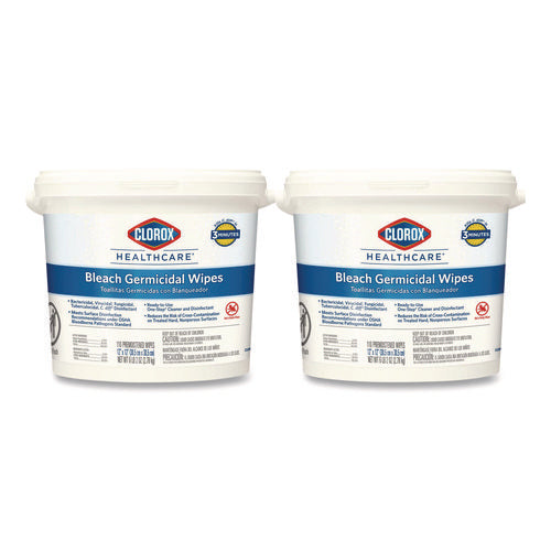 Bleach Germicidal Wipes, 1-ply, 12 X 12, Unscented, White, 110/bucket, 2 Buckets/carton