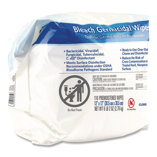Bleach Germicidal Wipes, Refill For Bucket, 1-ply, 12 X 12, Unscented, White, 110/pouch
