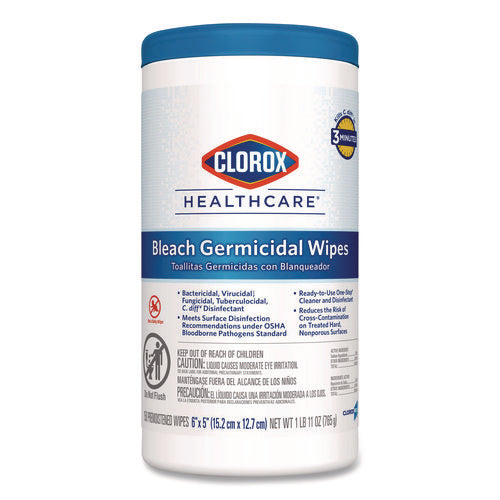 Bleach Germicidal Wipes, 1-ply, 6 X 5, Unscented, White, 150/canister