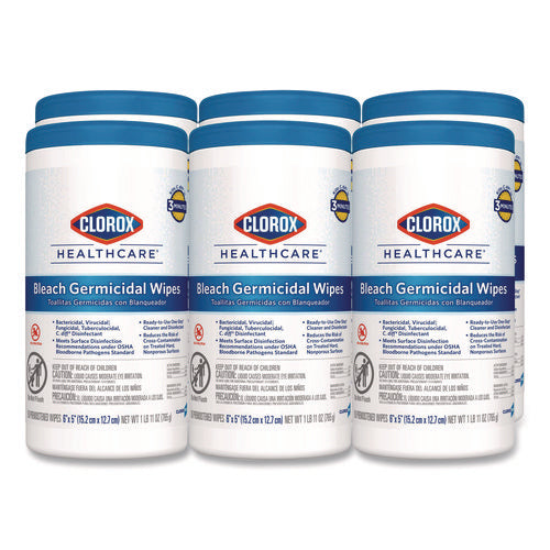 Bleach Germicidal Wipes, 1-ply, 6 X 5, Unscented, White, 150/canister, 6 Canisters/carton