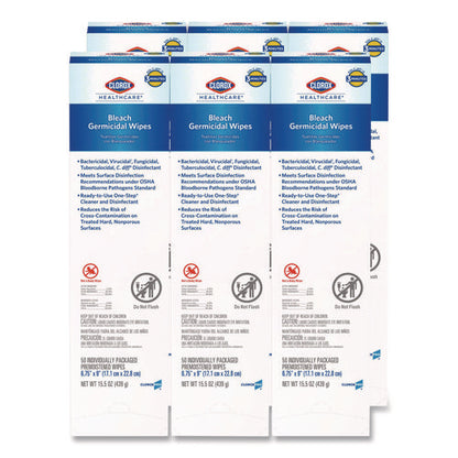 Bleach Germicidal Wipes, Individual Wipes, 1-ply, 6.75 X 9, Unscented, White, 50/box, 6 Boxes/carton