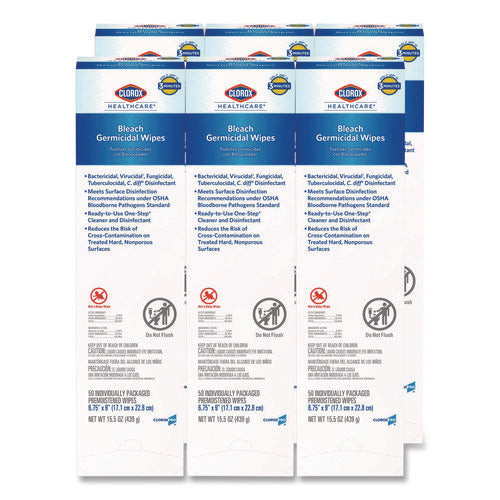 Bleach Germicidal Wipes, Individual Wipes, 1-ply, 6.75 X 9, Unscented, White, 50/box, 6 Boxes/carton