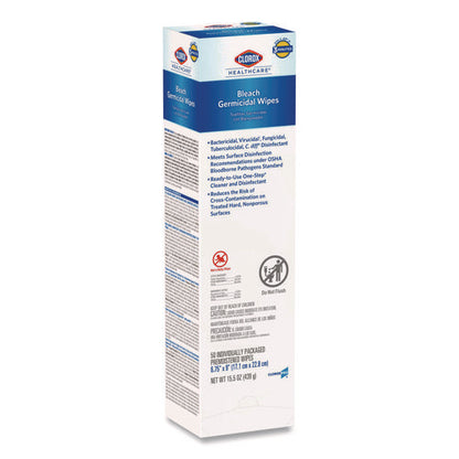 Bleach Germicidal Wipes, Individual Wipes, 1-ply, 6.75 X 9, Unscented, White, 50/box, 6 Boxes/carton