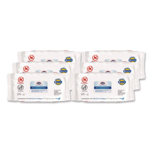 Bleach Germicidal Wipes, Disinfectant Wipes, 1-ply, 6.75 X 9, Unscented, White, 100 Wipes/flex-pack, 6 Flex-packs/carton