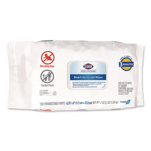 Bleach Germicidal Wipes, Disinfectant Wipes, 1-ply, 6.75 X 9, Unscented, White, 100 Wipes/flex-pack, 6 Flex-packs/carton