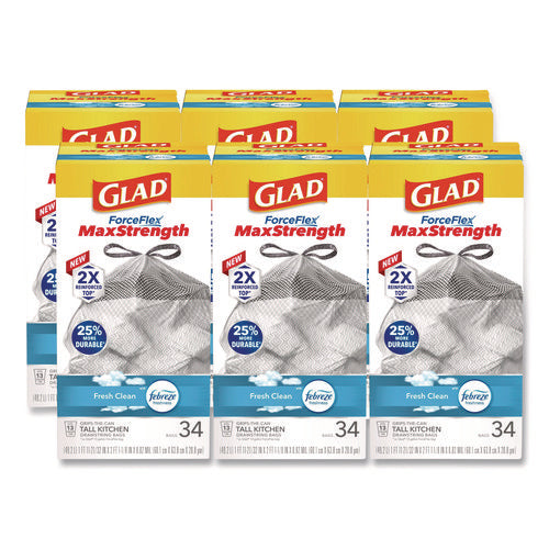 Forceflex Maxstrength Tall Kitchen Drawstring Trash Bags, 13 Gal, Fresh Clean Scent, 24 X 28, White, 34/box, 6 Boxes/carton