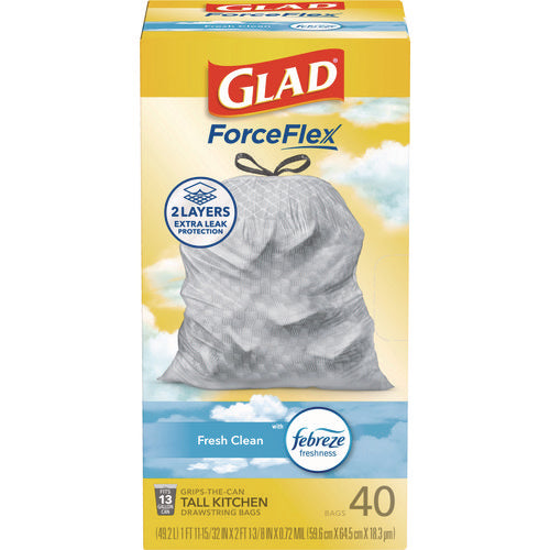 Forceflex Kitchen Drawstring Trash Bags, 13 Gal, Gain Fresh Clean Scent, 24 X 27.38, White, 40 Bags/box, 6 Boxes/carton