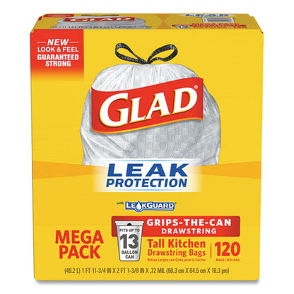 Tall Kitchen Drawstring Trash Bags With Leakguard, 13 Gal, Unscented, 23.47" X 25.38", White, 120/box