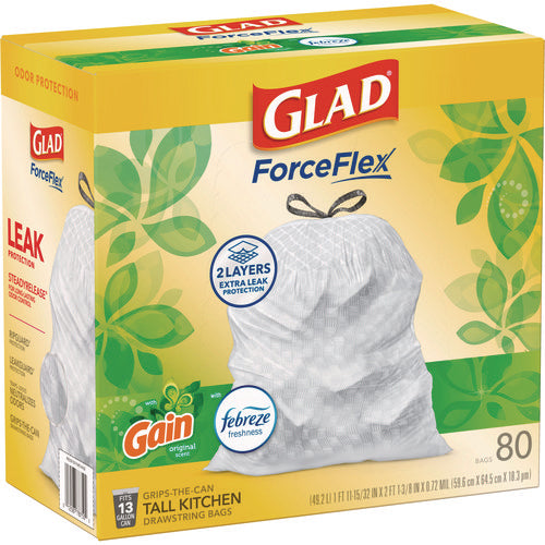 Forceflex Kitchen Drawstring Trash Bags, 13 Gal, Gain Original Scent, 24 X 27.38, White, 80/box