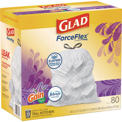 Forceflex Kitchen Drawstring Trash Bags, 13 Gal, Gain Lavender With Febreze Freshness, 24 X 27.38, White, 80/box