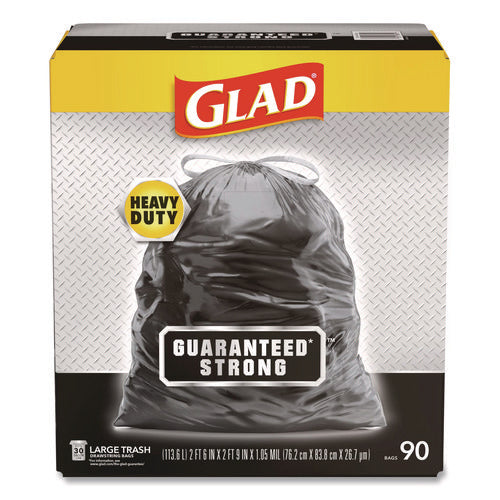 Guaranteed Strong Large Drawstring Trash Bags, Three-ply, 30 Gal, 1.05 Mil, 30" X 33", Black, 90/carton