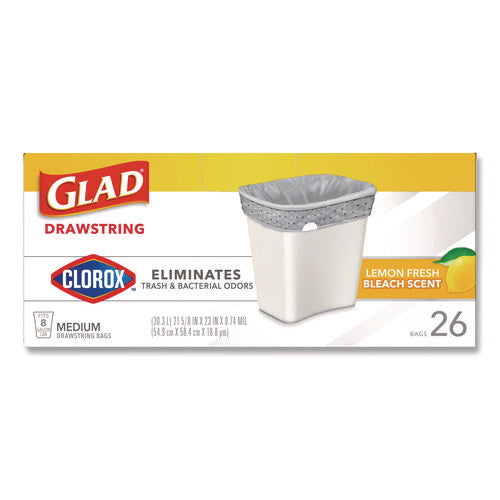 Medium Drawstring Trash Bags With Clorox, 8 Gal, Lemon Fresh Bleach Scent, 0.74 Mil, 23" X 21.63", Gray, 26/box